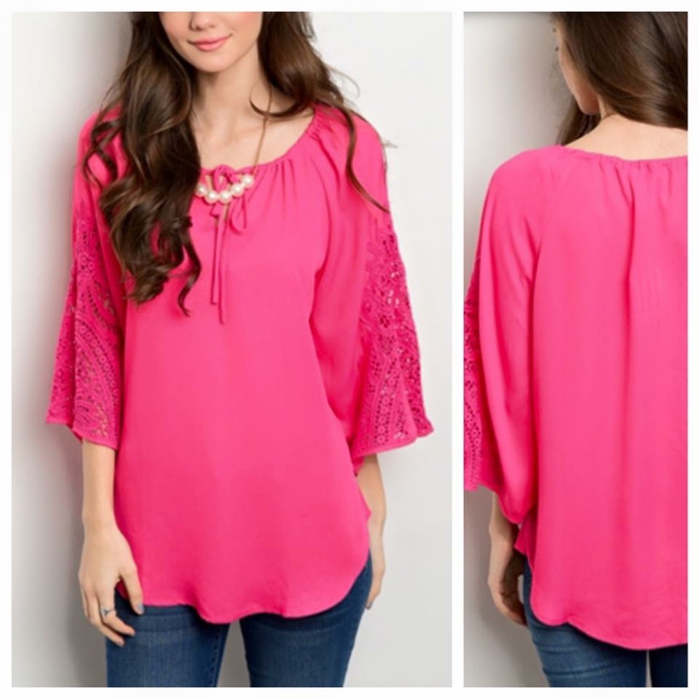 🆕💗Fuchsia top, sleeve accent, tie neckline